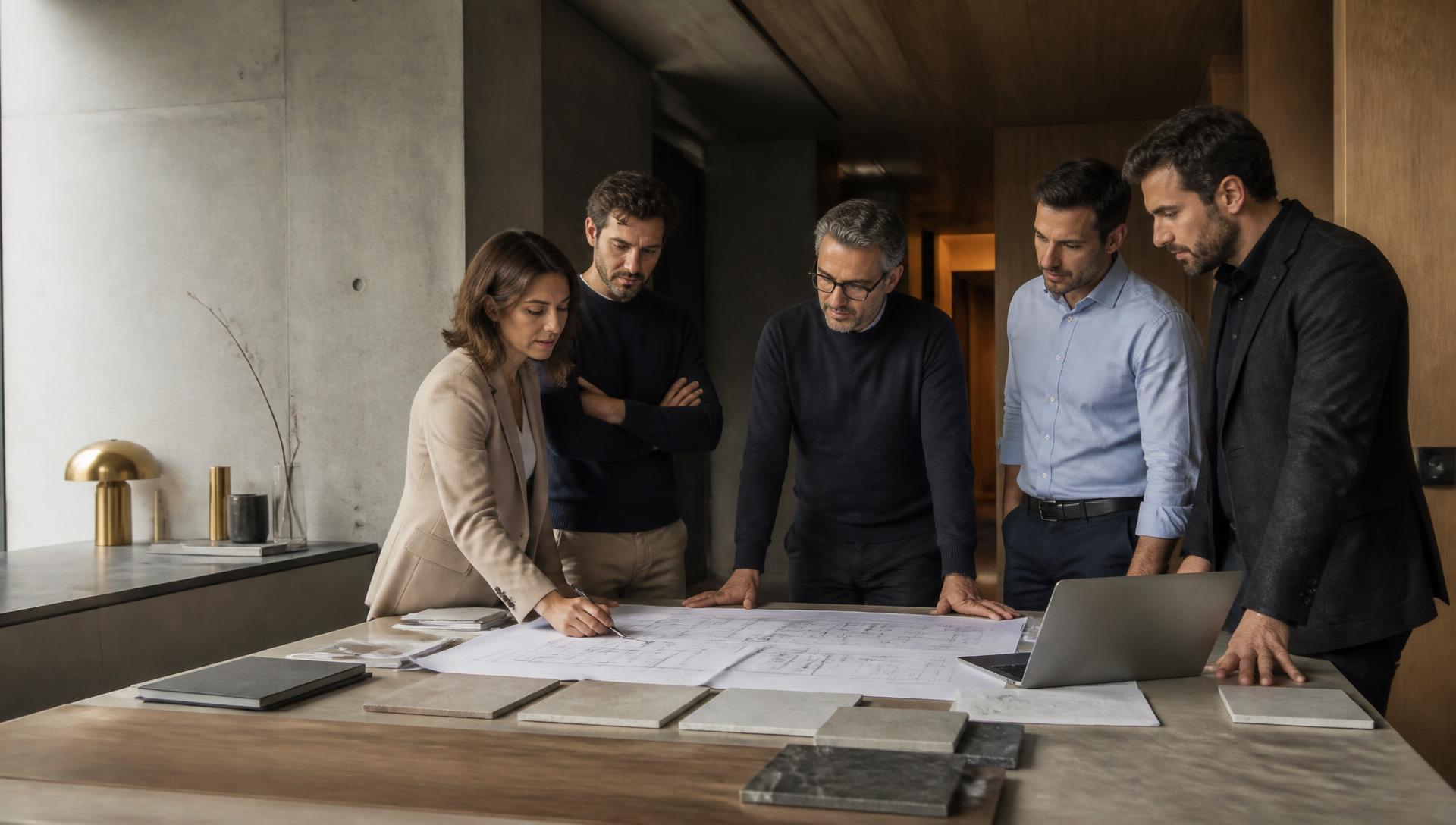 I responsabili di Rinnova Group riuniti attorno a un tavolo di progetto con planimetrie e campioni di materiali